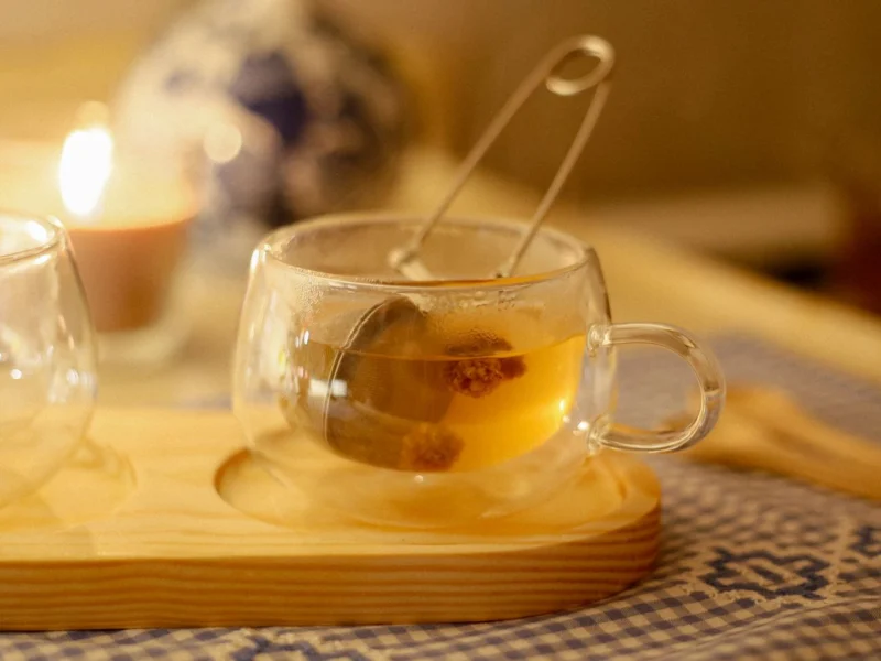 Cup of herbal tea beside a lit candle in the evening