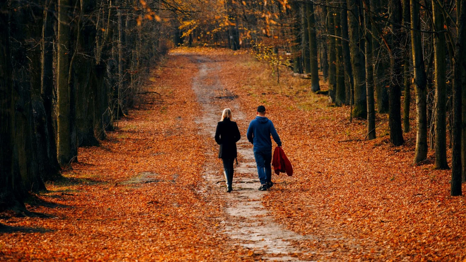 Couple strolling along a leaf-covered autumn path