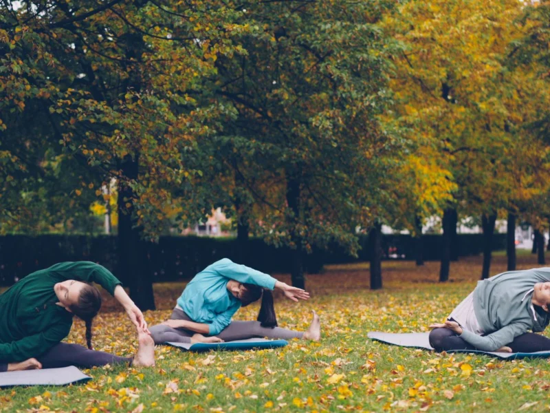 Three people stretching on yoga mats in an autumn park
