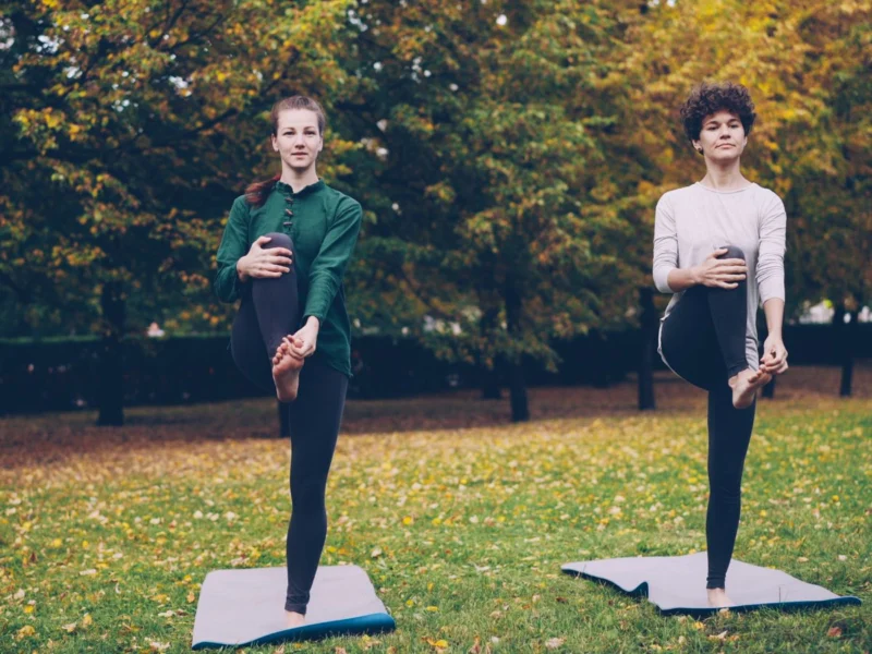 Two women doing a balance pose on yoga mats in a park