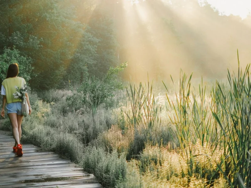 Woman walking on a wooden path through a sunlit forest