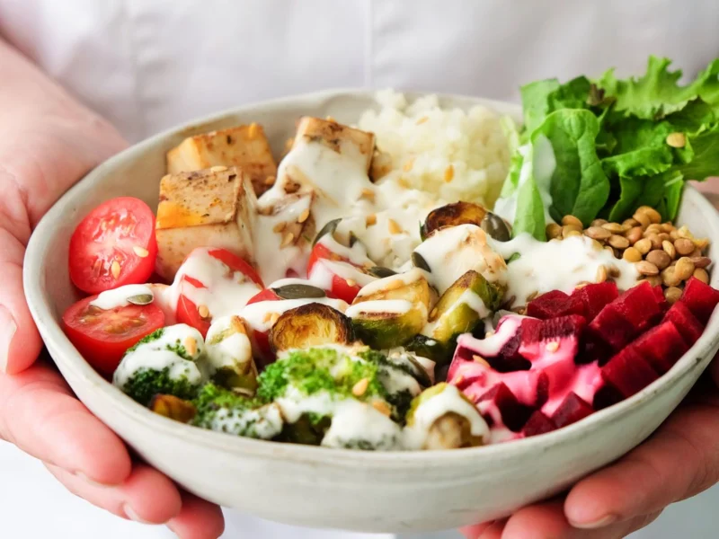Hands holding a colourful vegetable salad bowl
