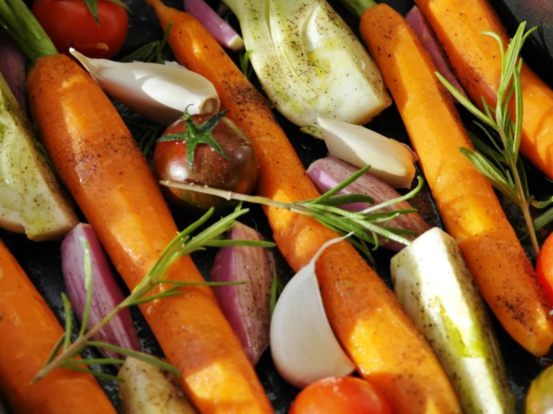 Carrots, tomatoes and herbs ready for roasting