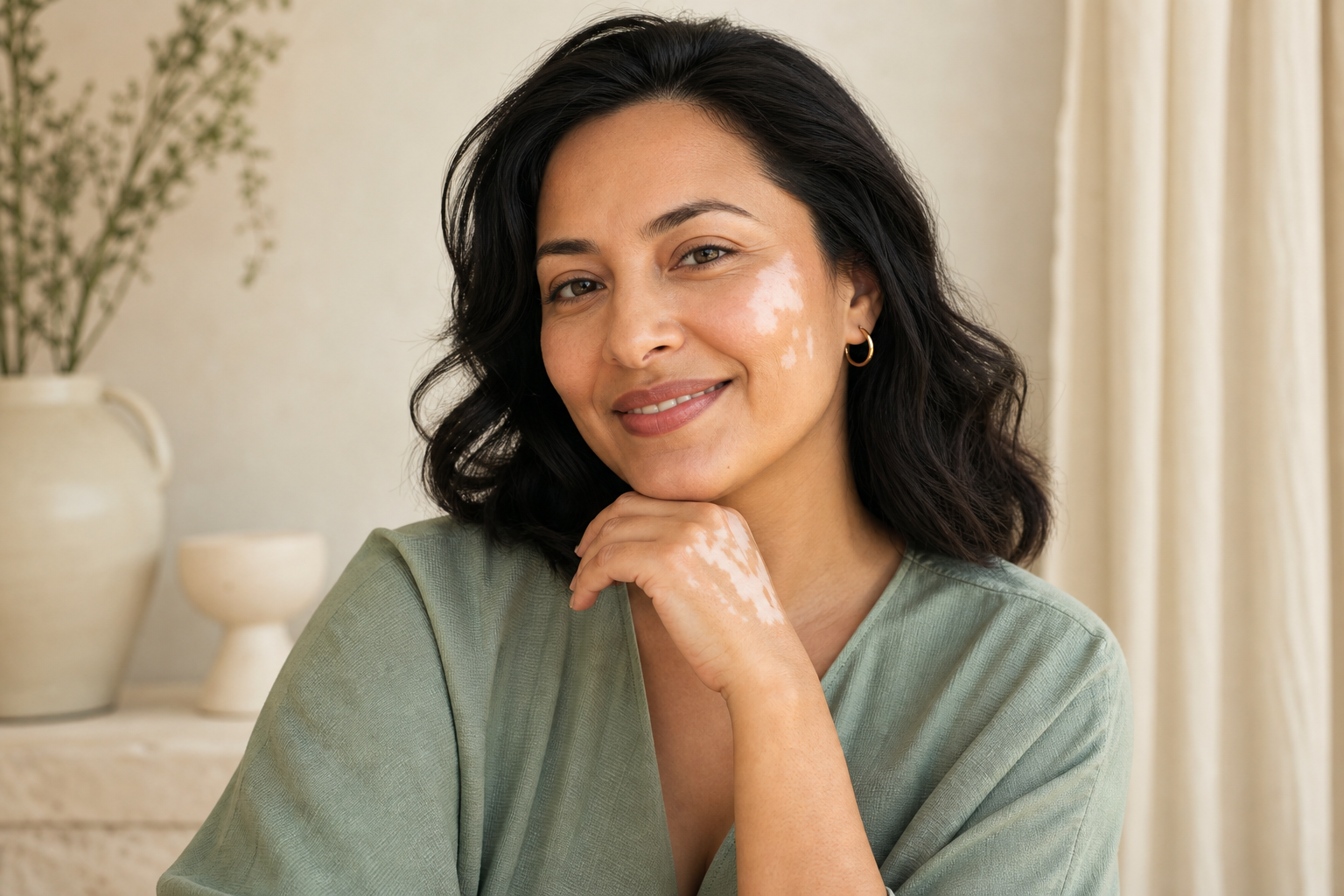 Woman with vitiligo in a calm portrait